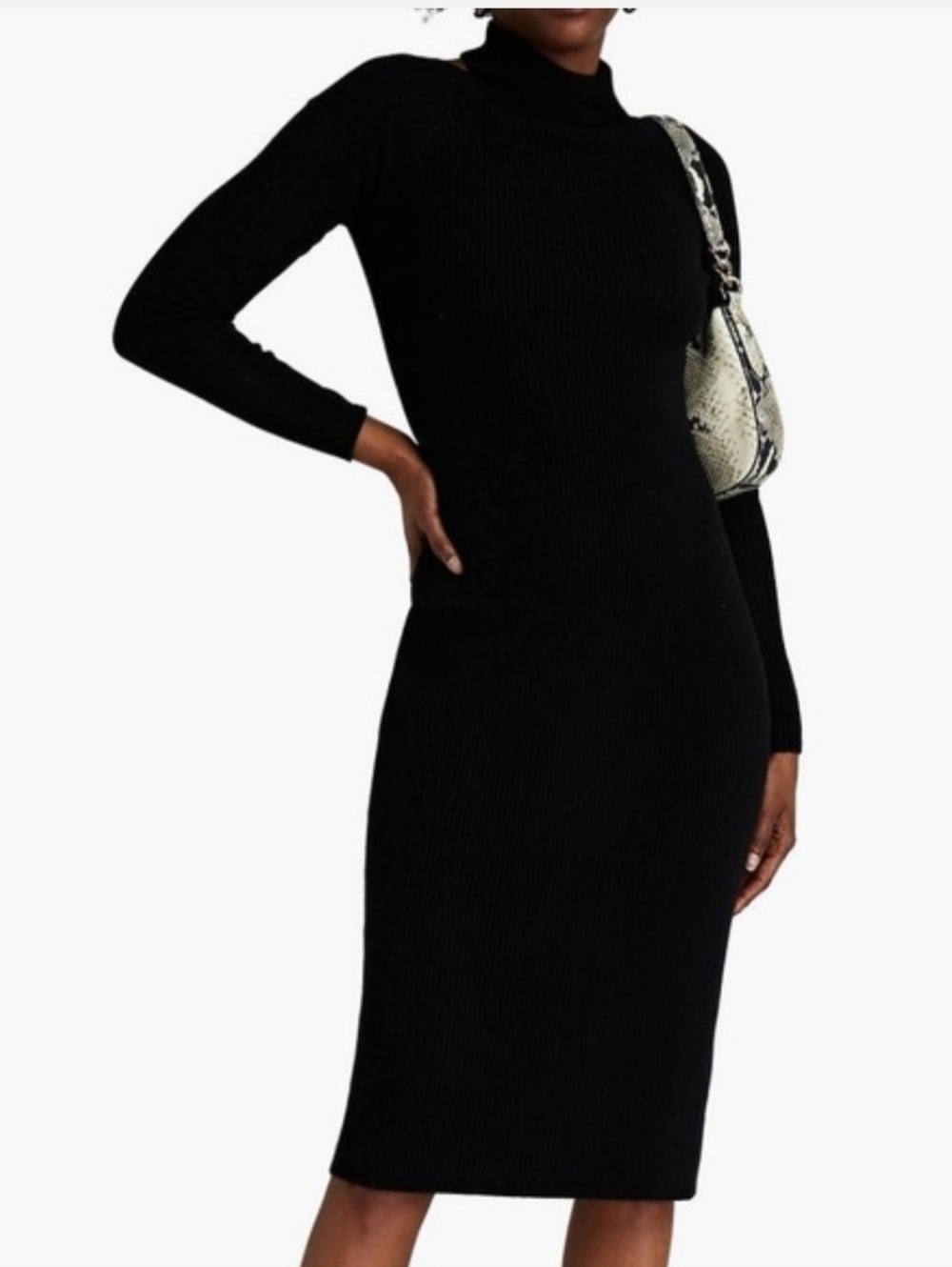 White + Warren Cashmere Black Ribbed Turtleneck Midi Sweater Dress